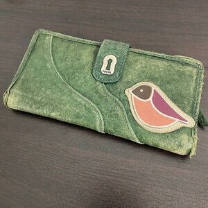 Vintage Fossil Green Distressed Leather Bird Applique Clutch Wallet Keyhole Snap